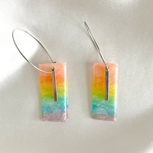 Rainbow Rectangle Silver Bar Dangle Earrings