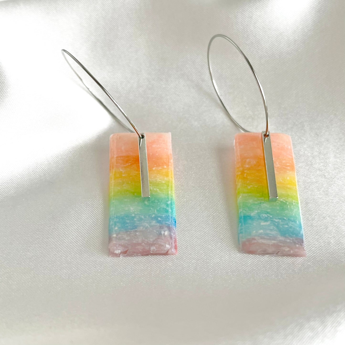 Rainbow Rectangle Silver Bar Dangle Earrings