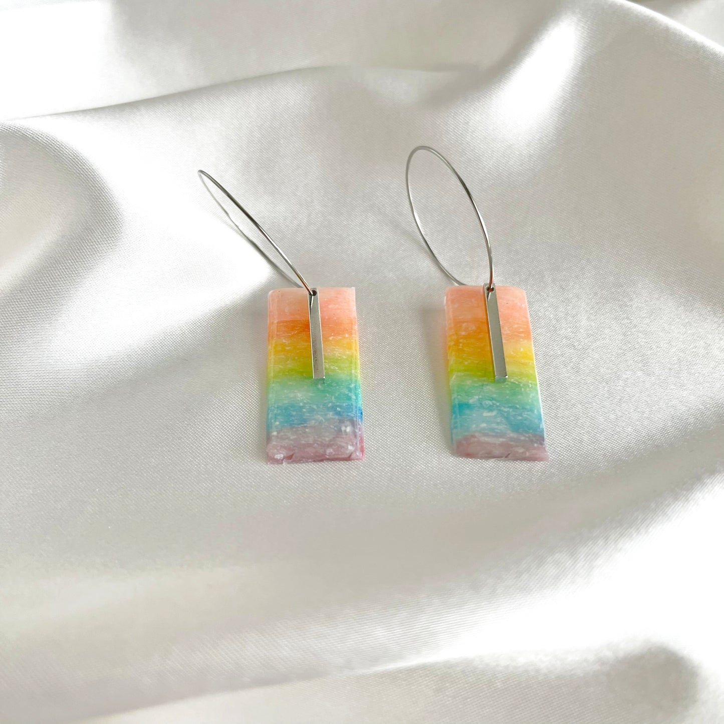 Rainbow Rectangle Silver Bar Dangle Earrings