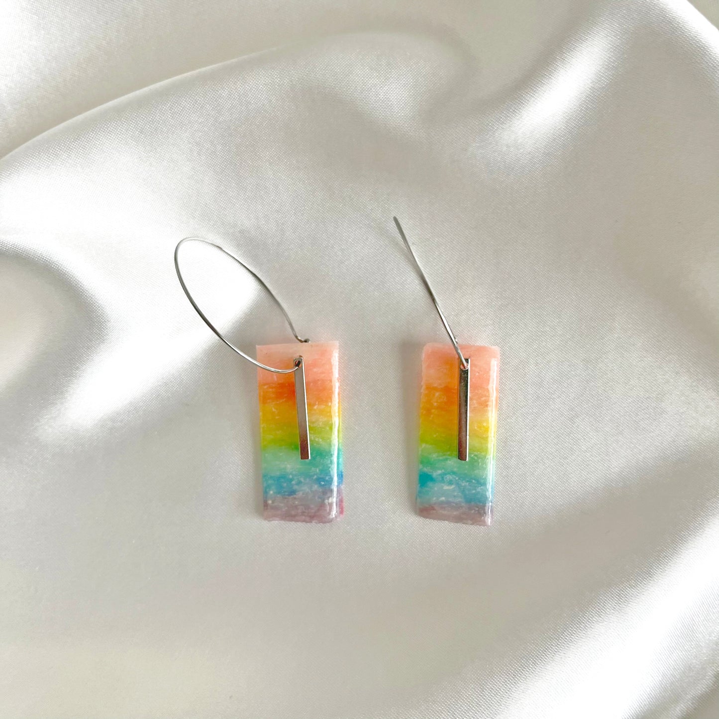 Rainbow Rectangle Silver Bar Dangle Earrings