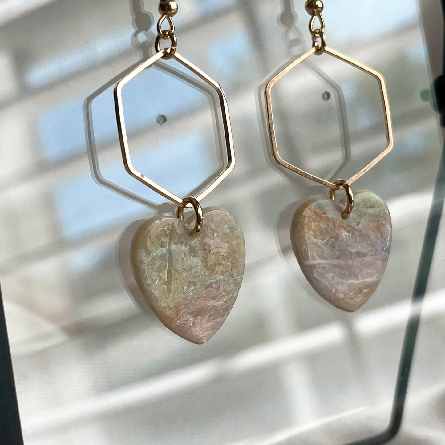 Hexagon Opal Heart Dangle Earrings