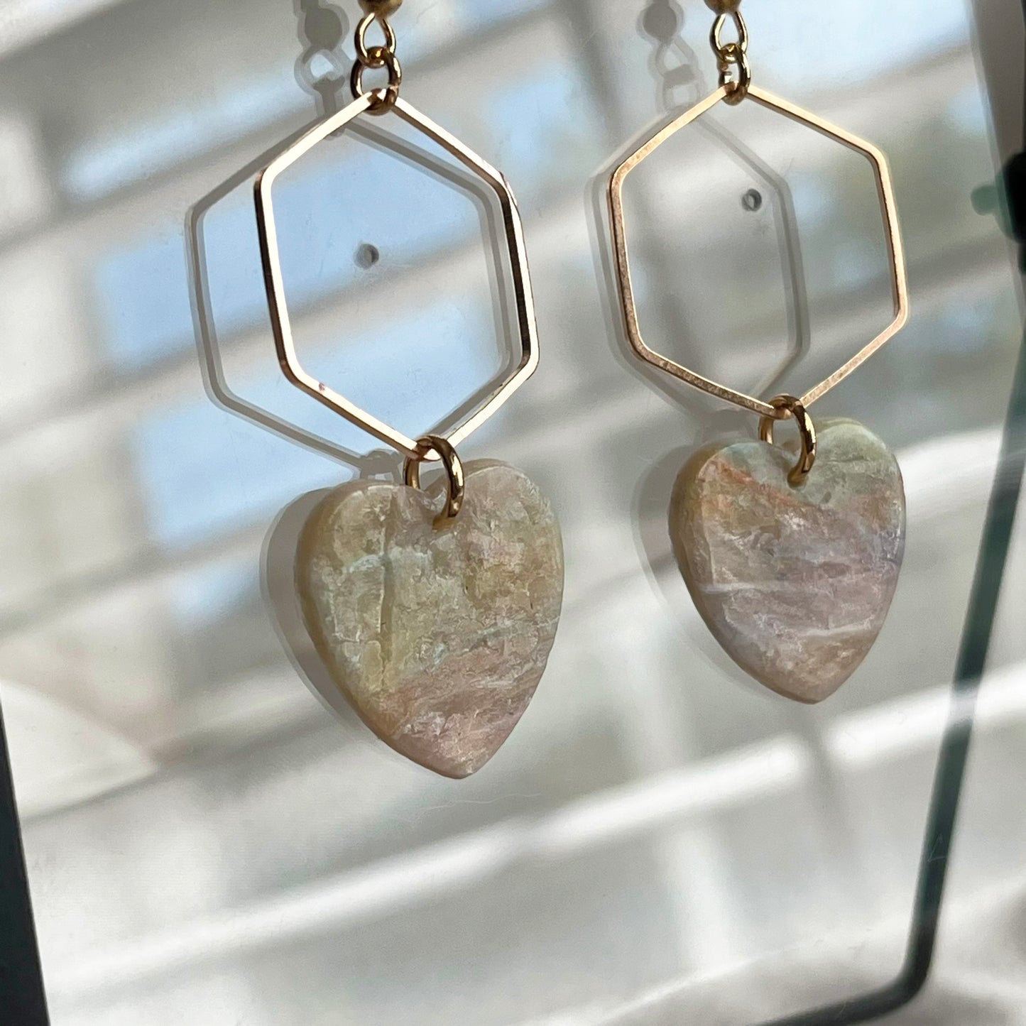 Hexagon Opal Heart Dangle Earrings