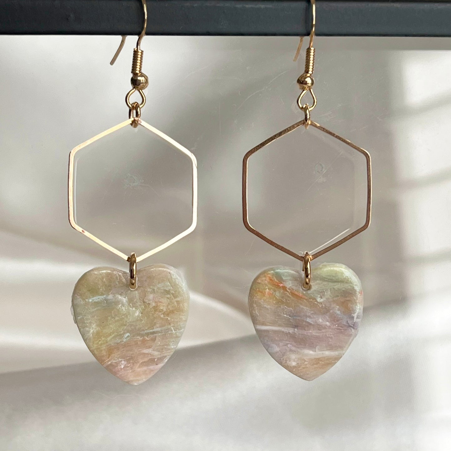 Hexagon Opal Heart Dangle Earrings