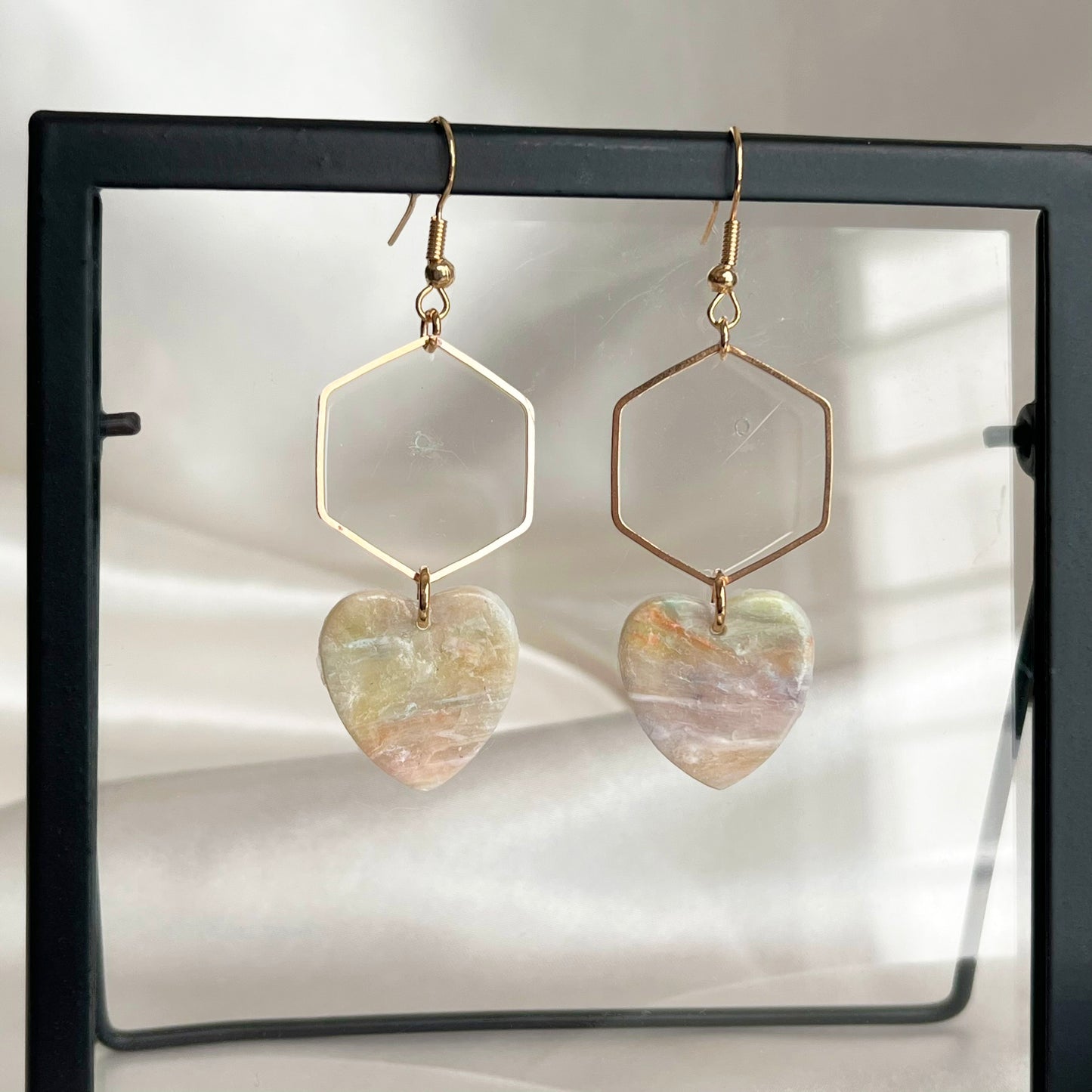 Hexagon Opal Heart Dangle Earrings