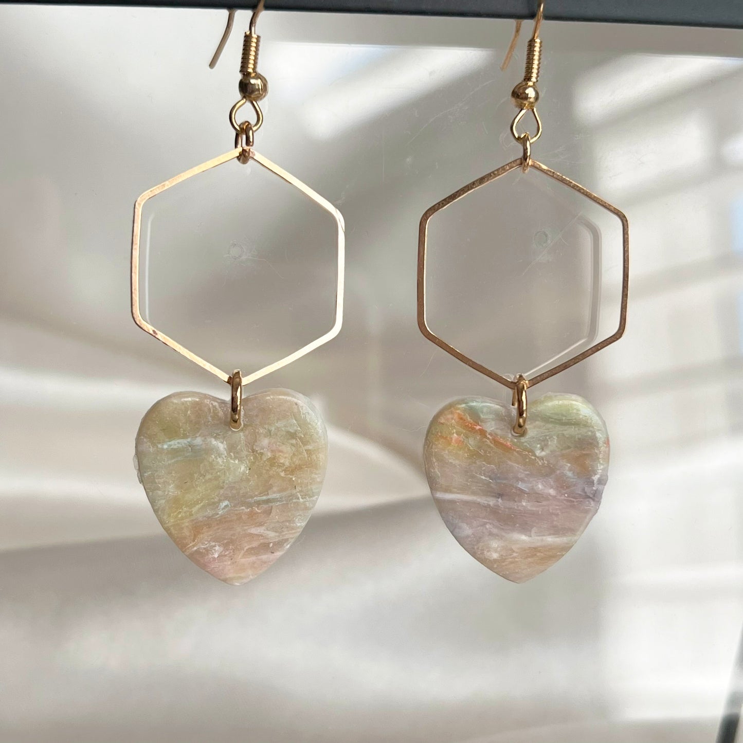 Hexagon Opal Heart Dangle Earrings