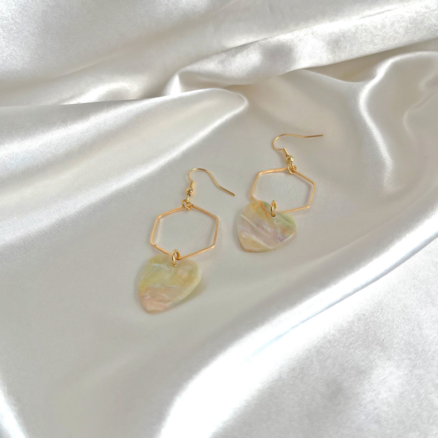 Hexagon Opal Heart Dangle Earrings