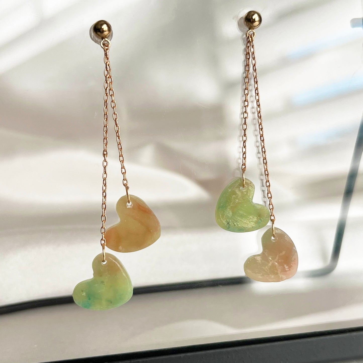 Verdant Rainbow Double Heart Dangle Earrings