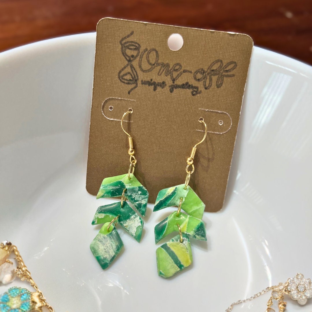 Green Clay Earrings | Lightweight Drop and Dangle | Handmade Polymer Unique Jewelry