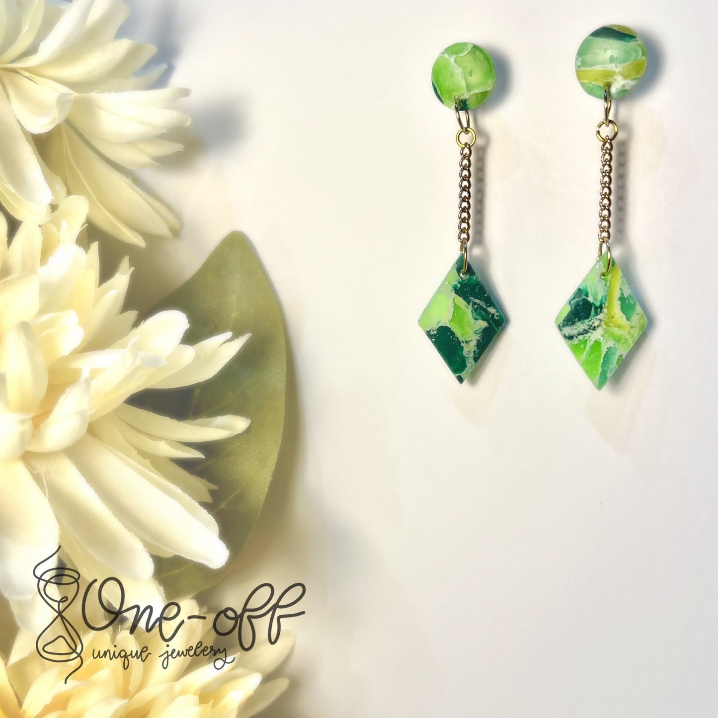 Green Rhombus Dangle Clay Earrings | Lightweight Drop and Dangle | Handmade Polymer Clay Unique Jewelry