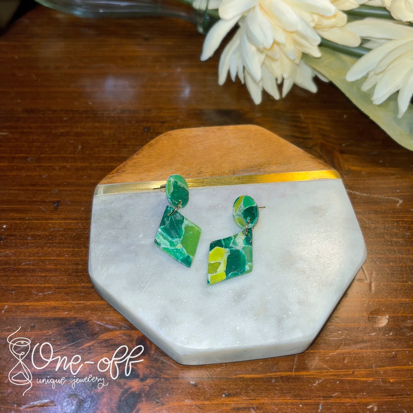 Green Rhombus Clay Earrings | Lightweight Drop and Dangle | Handmade Polymer Clay Unique Jewelry