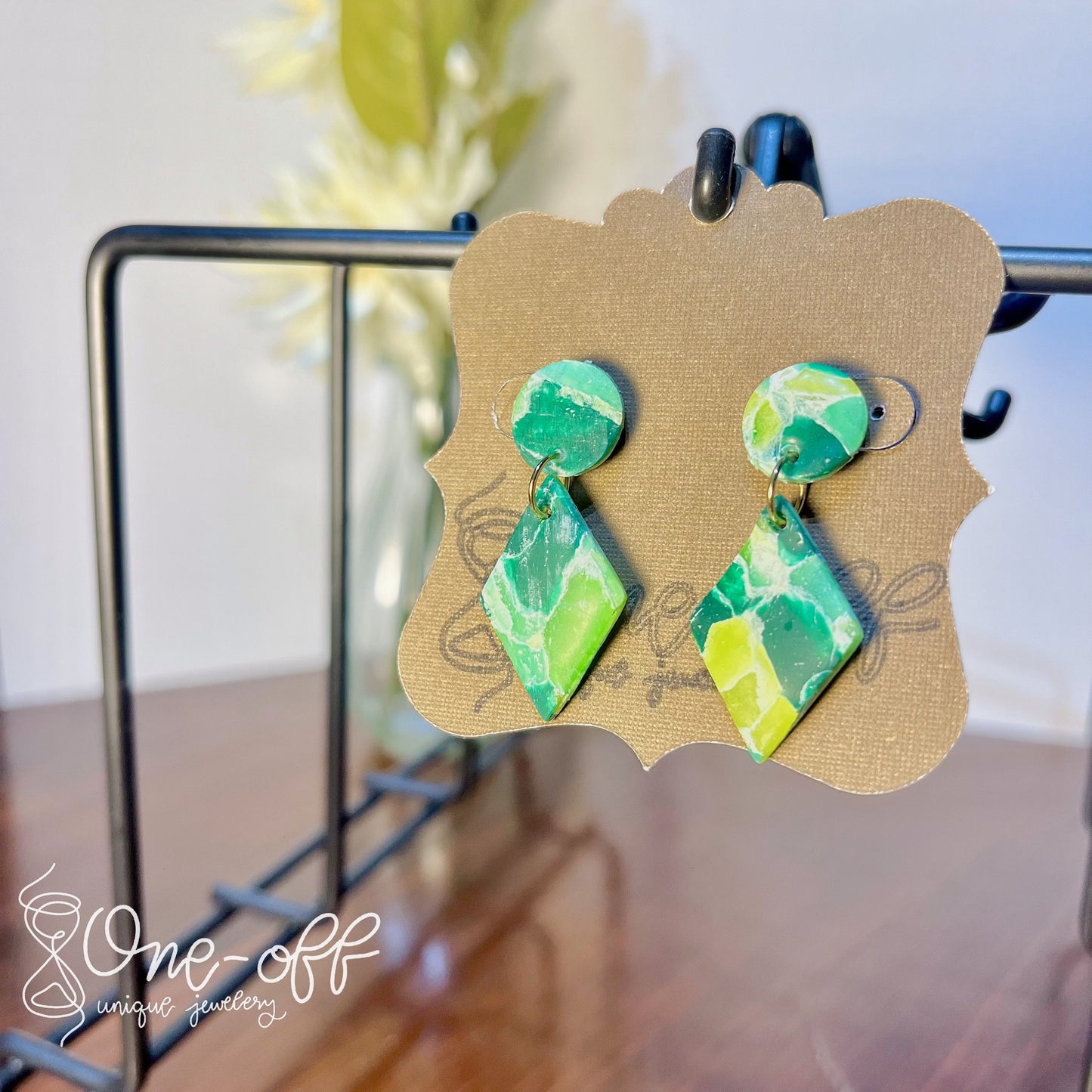 Green Rhombus Clay Earrings | Lightweight Drop and Dangle | Handmade Polymer Clay Unique Jewelry