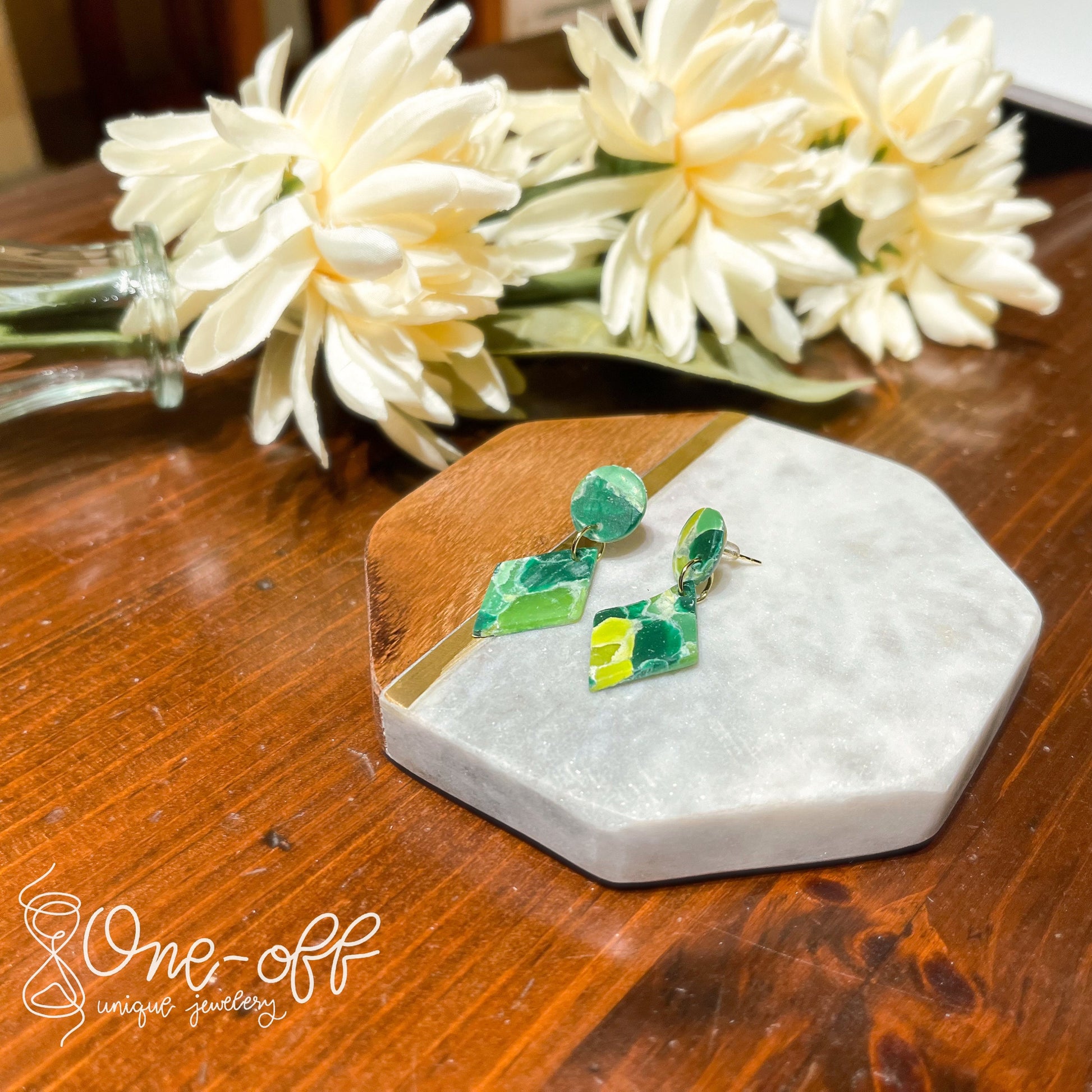 Green Rhombus Clay Earrings | Lightweight Drop and Dangle | Handmade Polymer Clay Unique Jewelry