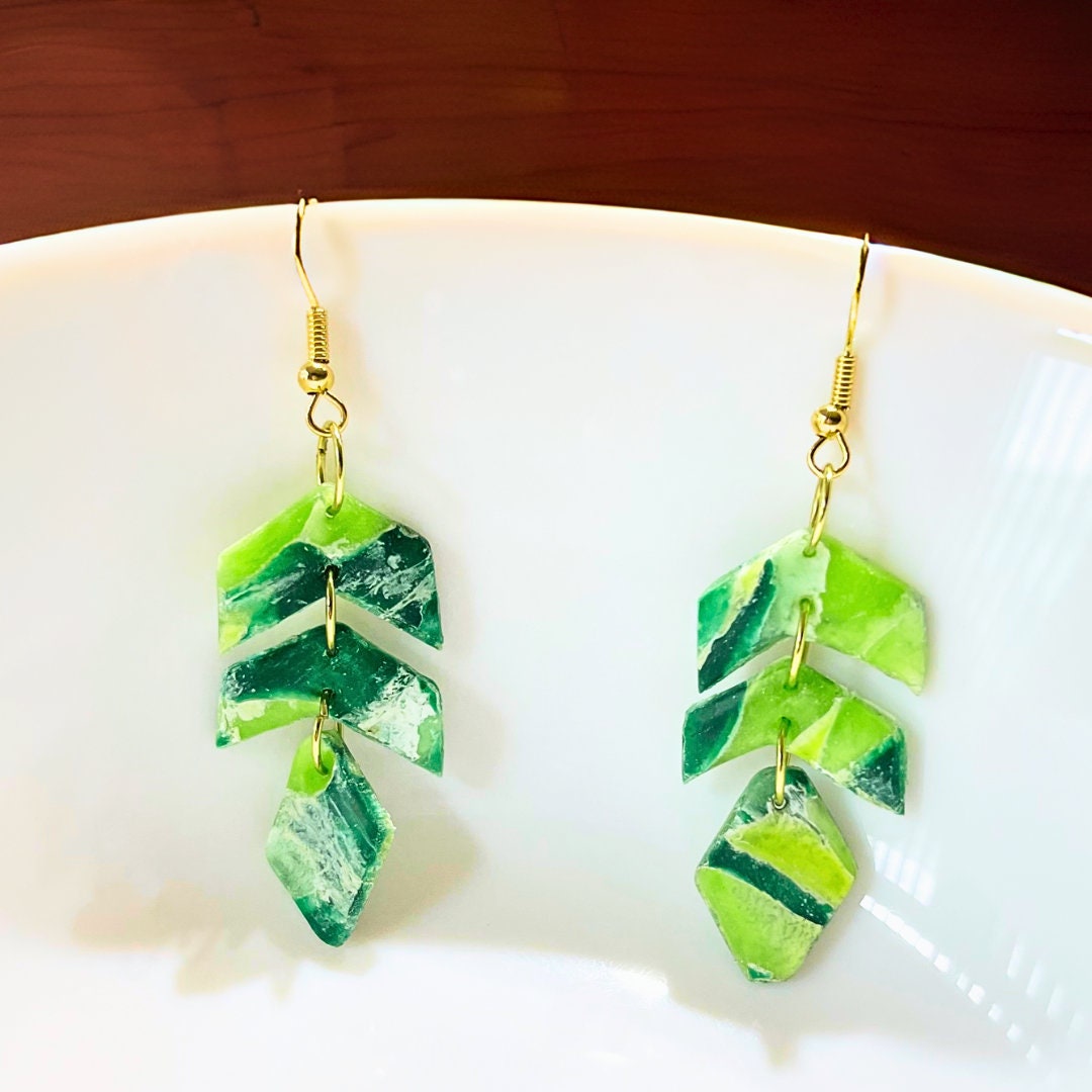 Green Clay Earrings | Lightweight Drop and Dangle | Handmade Polymer Unique Jewelry