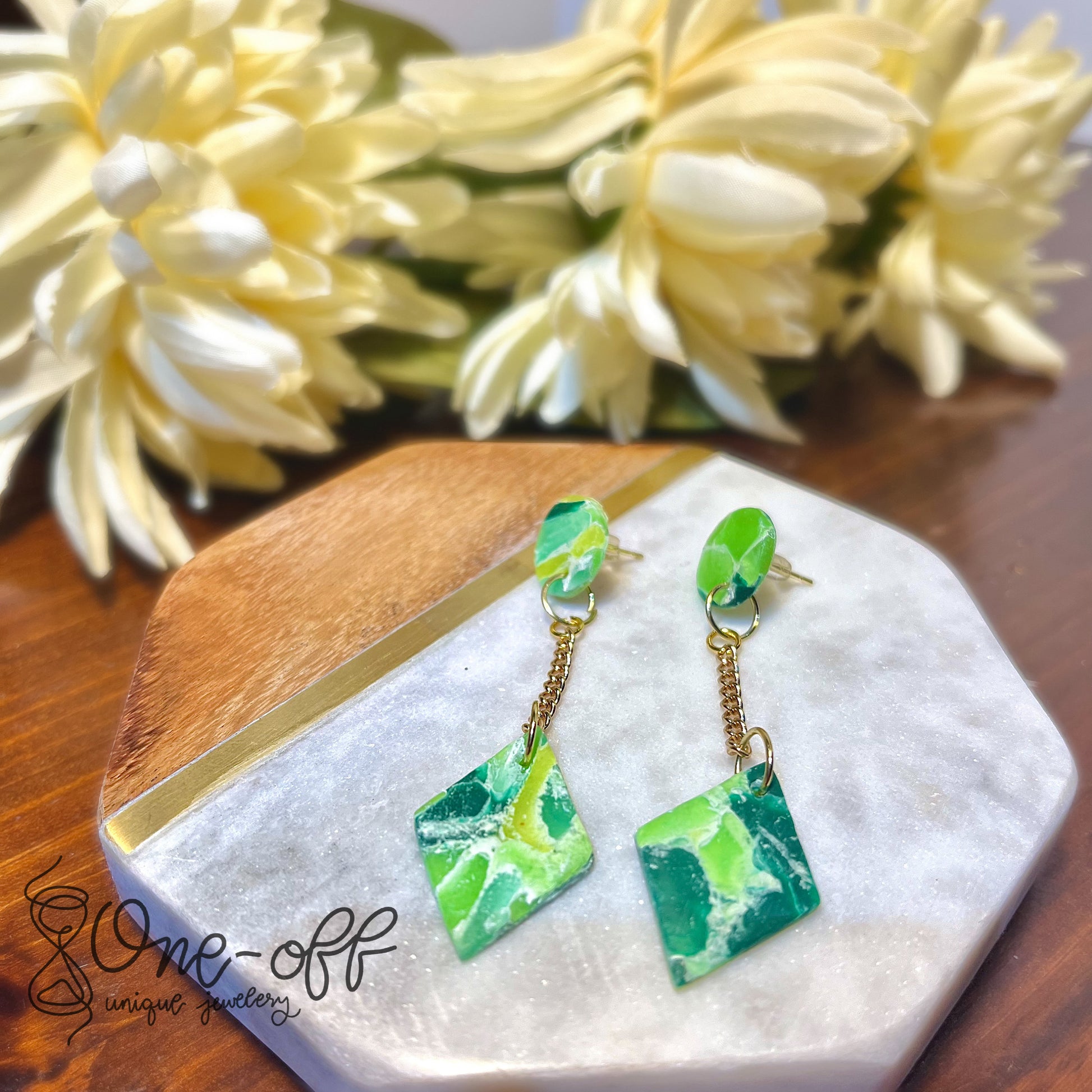 Green Rhombus Dangle Clay Earrings | Lightweight Drop and Dangle | Handmade Polymer Clay Unique Jewelry