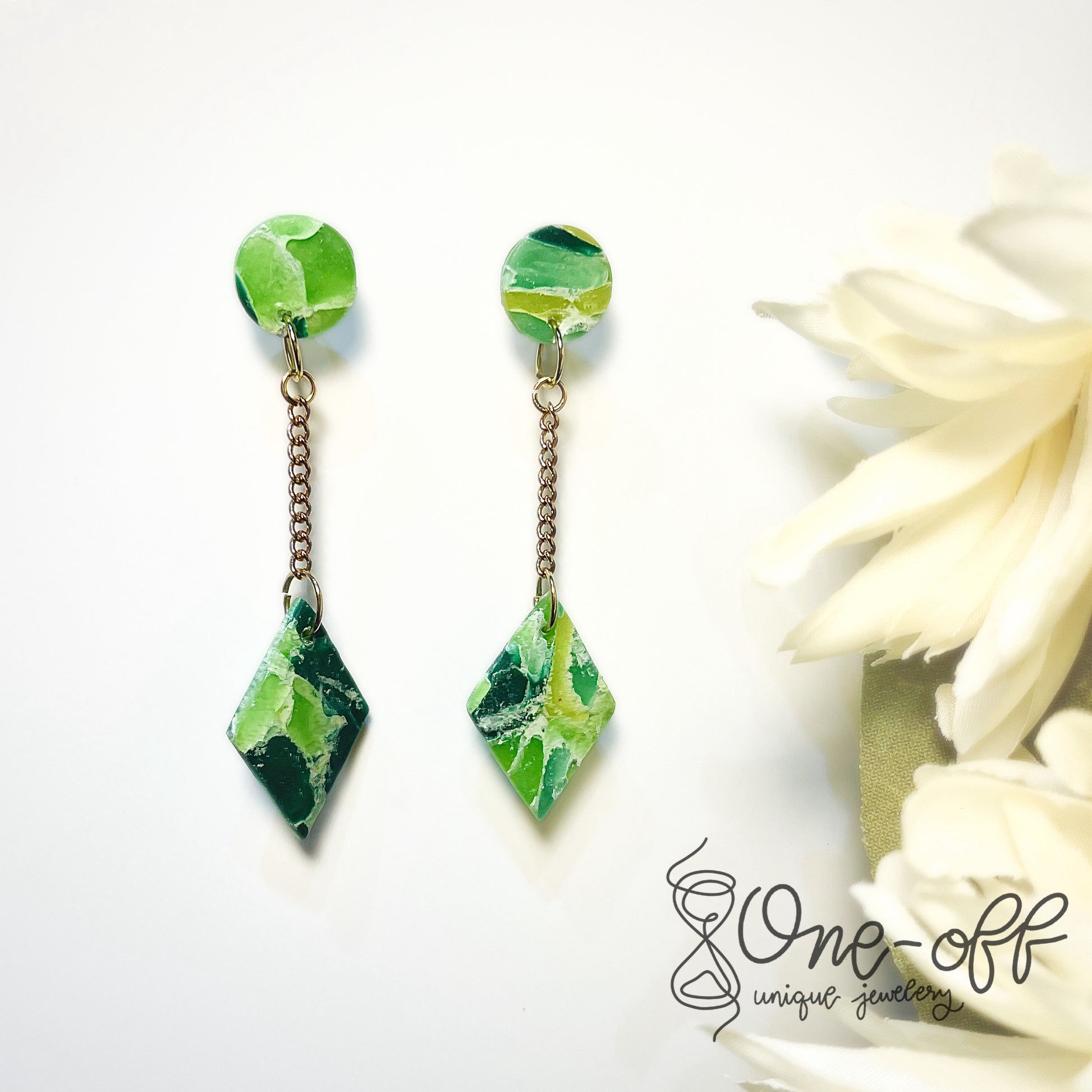 Green Rhombus Dangle Clay Earrings | Lightweight Drop and Dangle | Handmade Polymer Clay Unique Jewelry