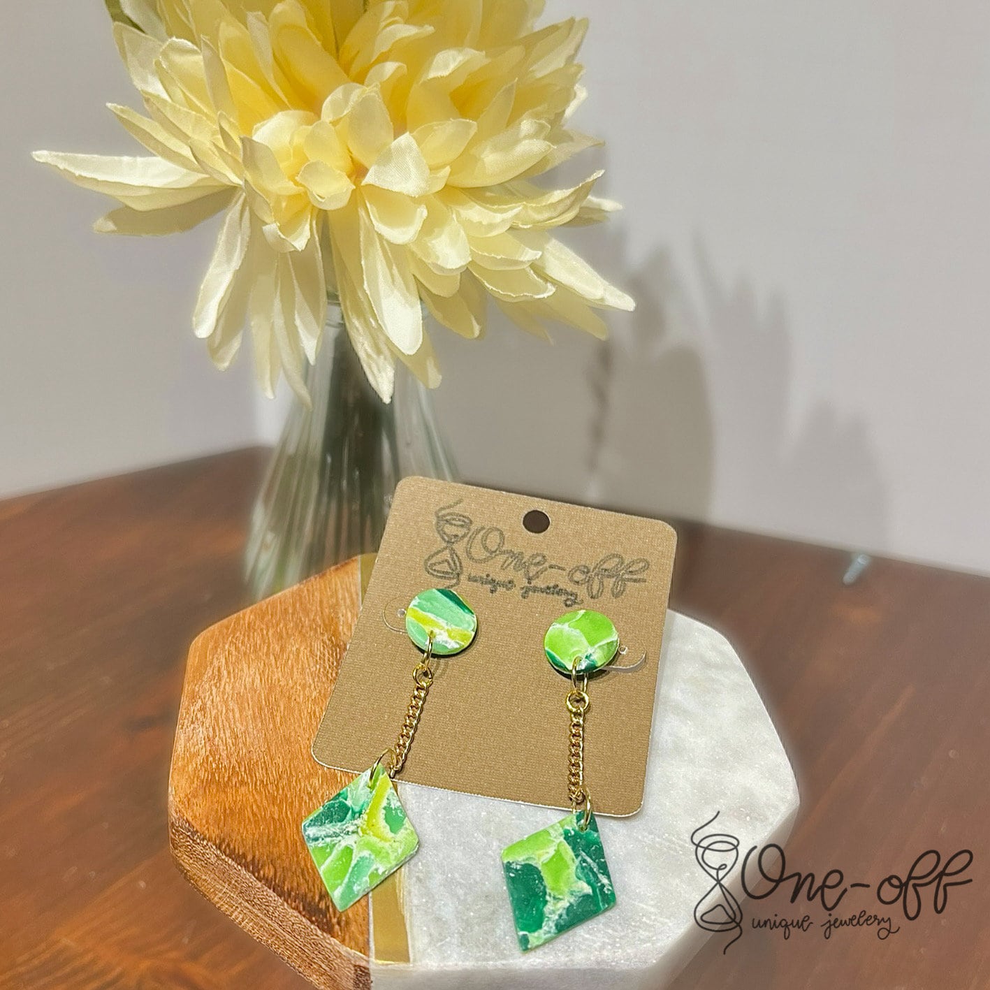 Green Rhombus Dangle Clay Earrings | Lightweight Drop and Dangle | Handmade Polymer Clay Unique Jewelry