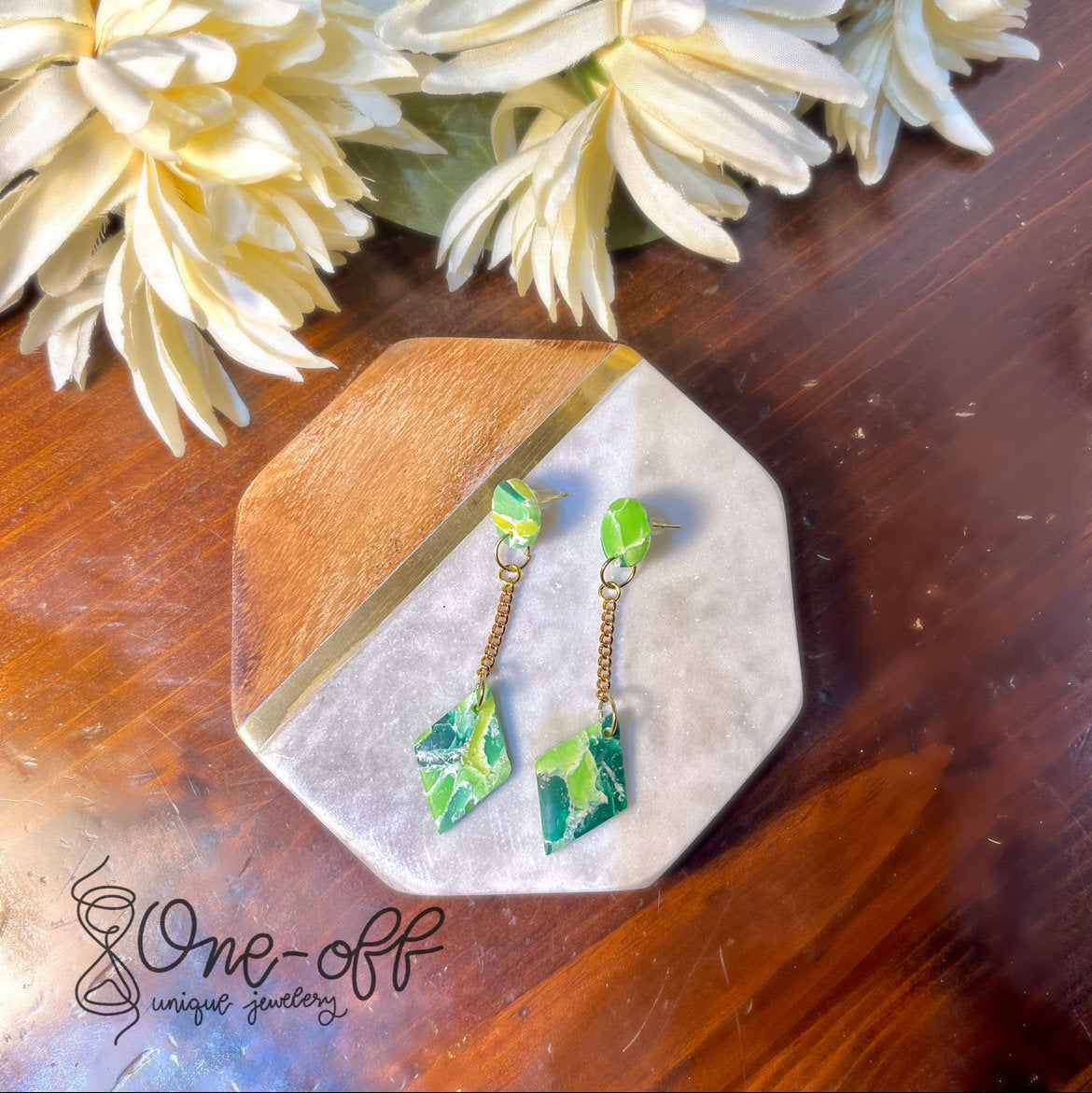 Green Rhombus Dangle Clay Earrings | Lightweight Drop and Dangle | Handmade Polymer Clay Unique Jewelry