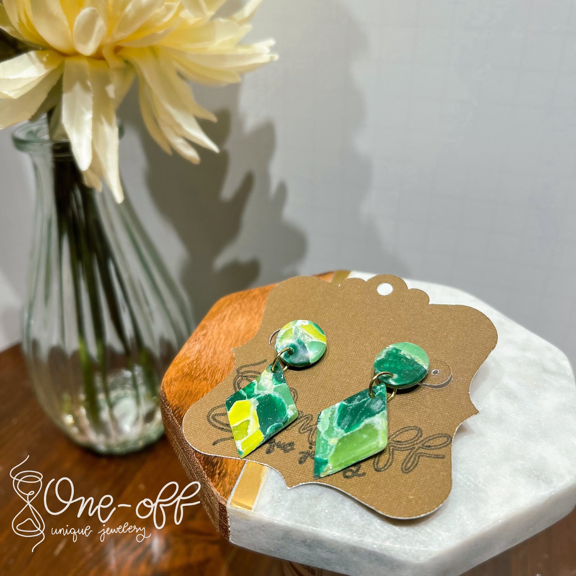 Green Rhombus Clay Earrings | Lightweight Drop and Dangle | Handmade Polymer Clay Unique Jewelry