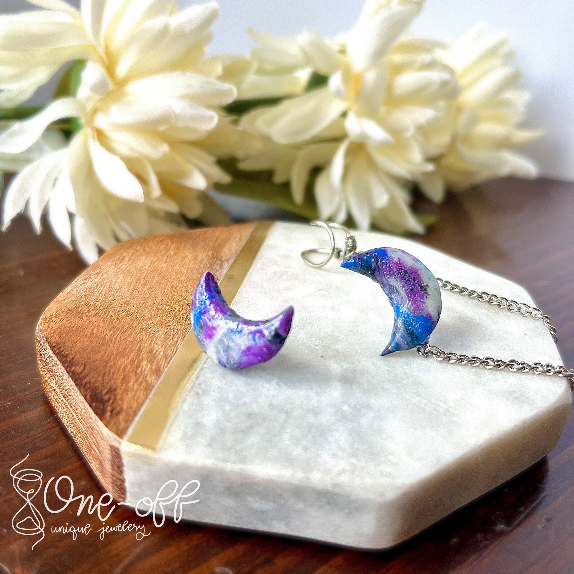 Moon Galaxy Studs with Cuff | Celestial Collection | Handmade Polymer Clay Earrings