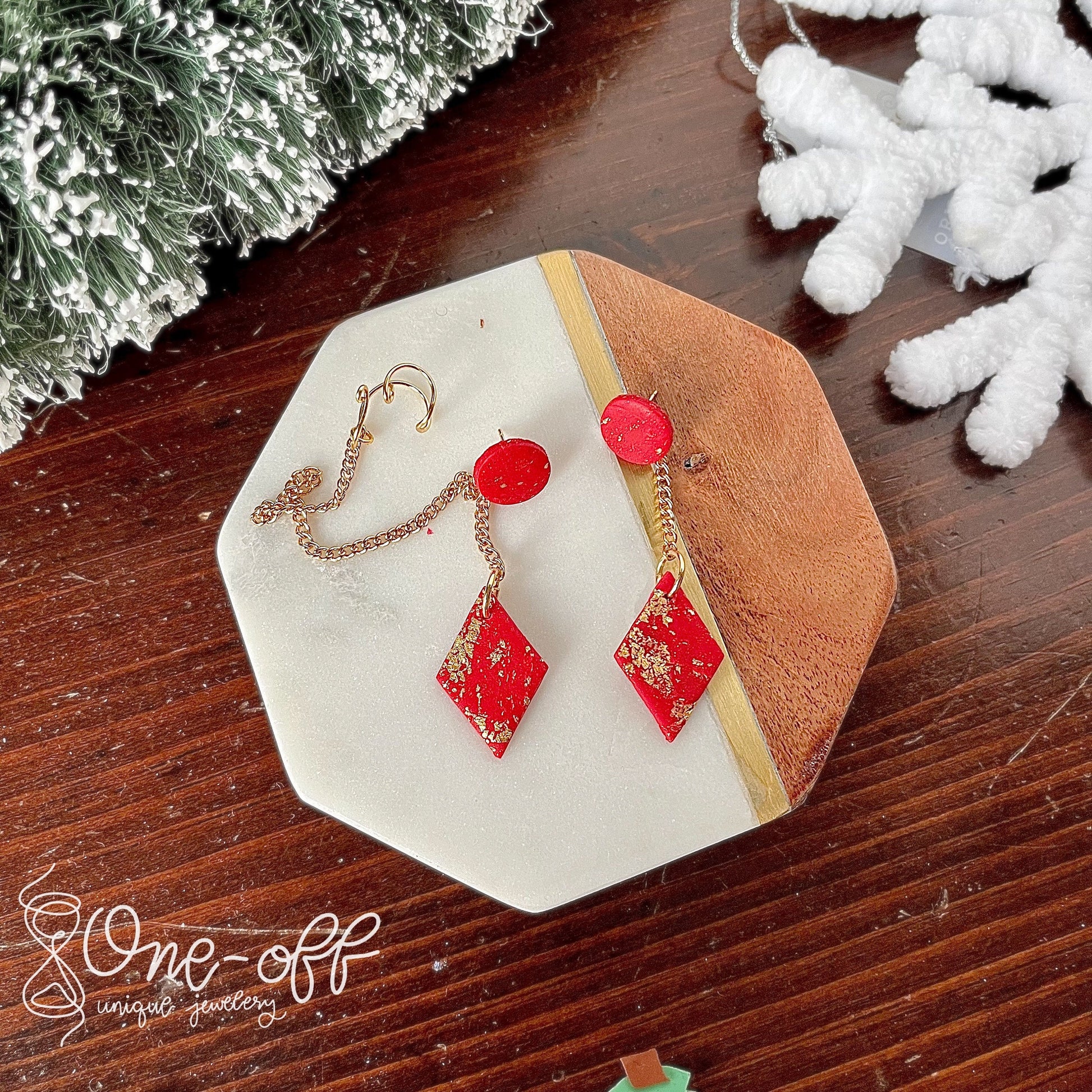 Red and Gold Cuff Dangle Earrings | Winter Collection | Lightweight Unique Polymer Clay Earrings