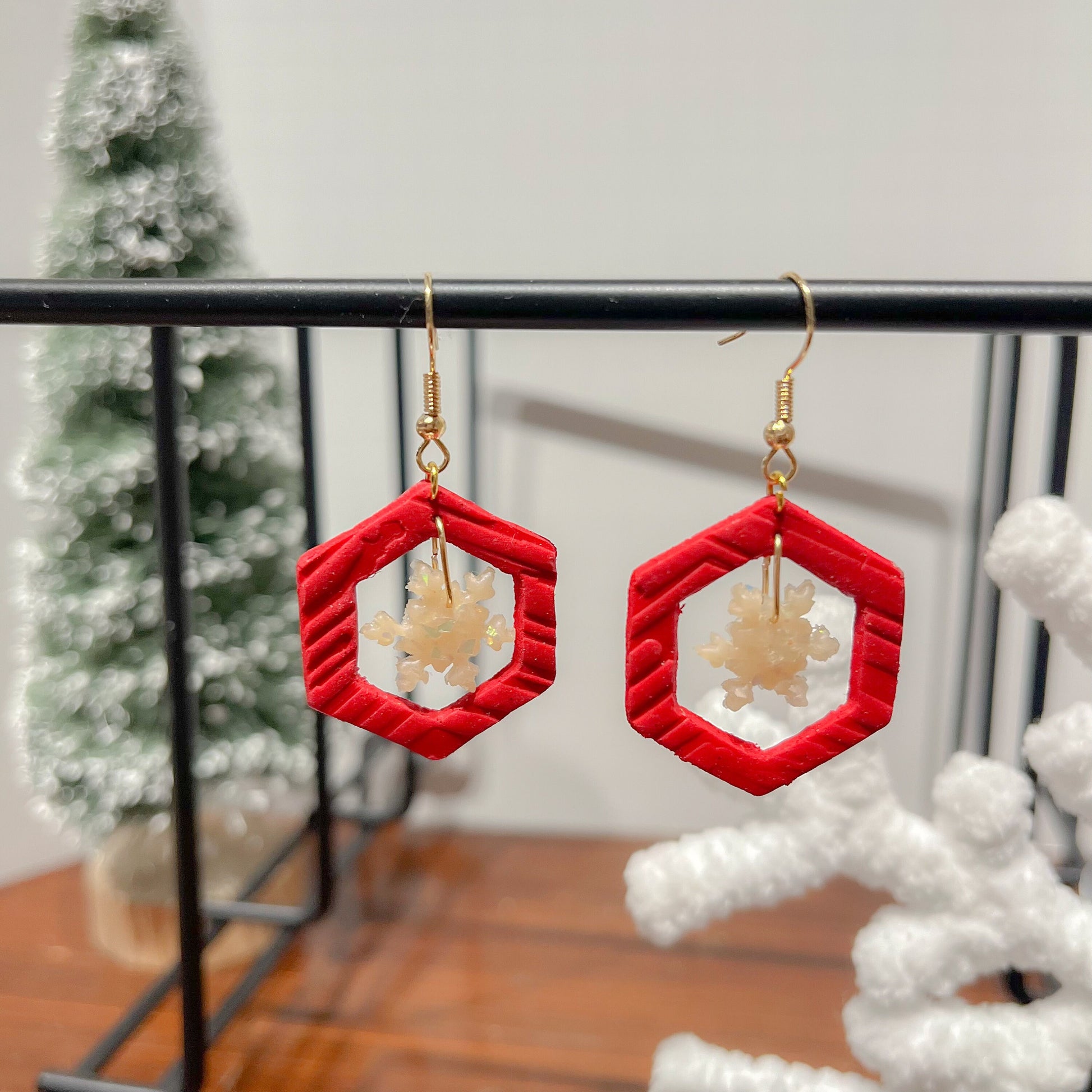 Hexagonal Snowflake Cutout Earrings | Winter Collection | Lightweight Unique Polymer Clay Earrings