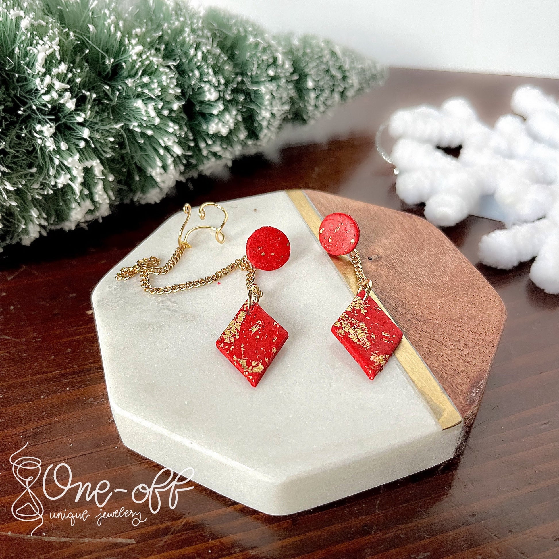 Red and Gold Cuff Dangle Earrings | Winter Collection | Lightweight Unique Polymer Clay Earrings