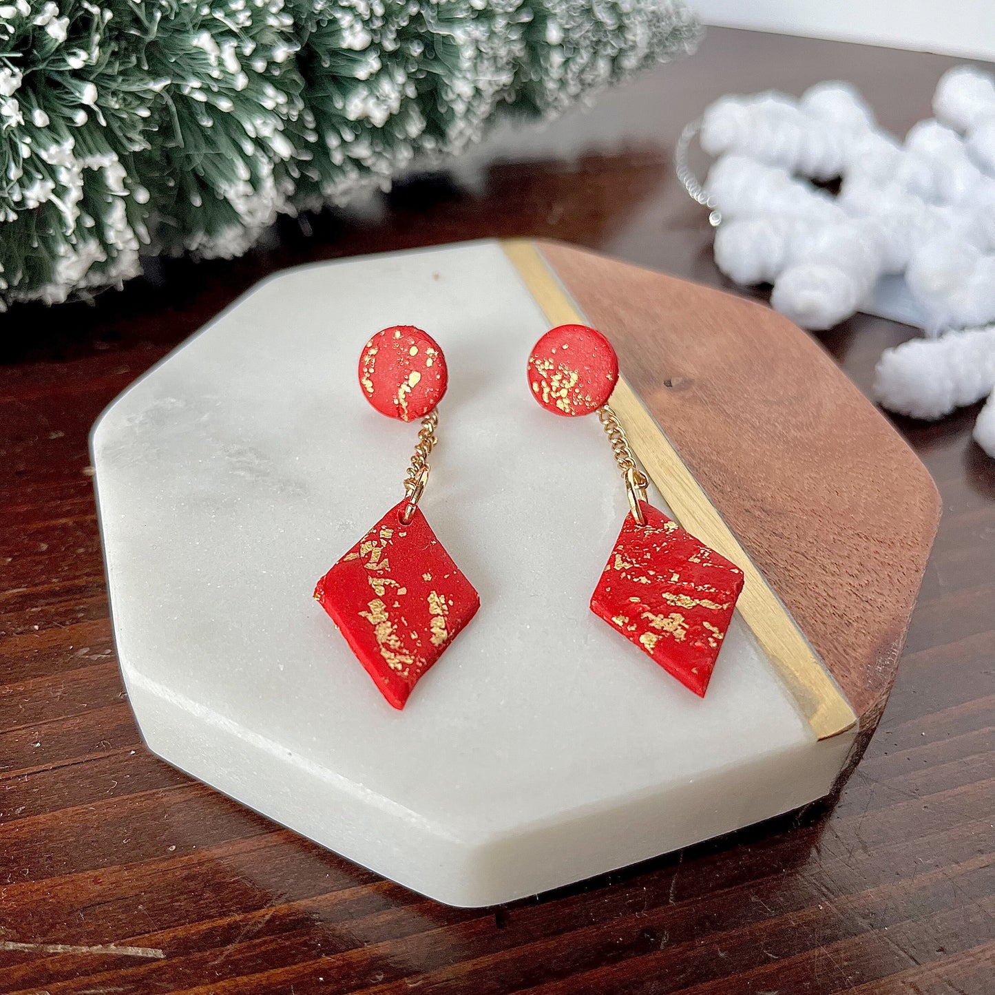 Red and Gold Dangle Earrings | Winter Collection | Lightweight Unique Polymer Clay Earrings