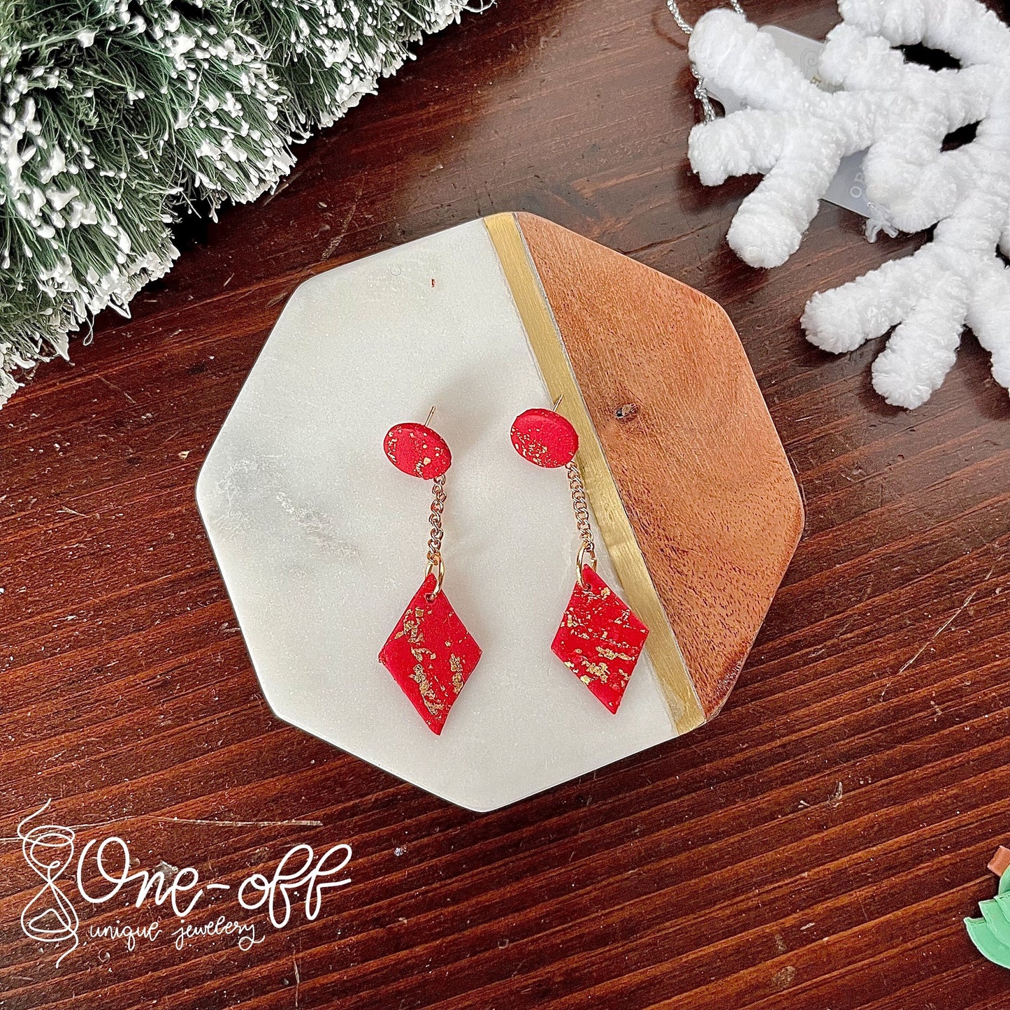 Red and Gold Dangle Earrings | Winter Collection | Lightweight Unique Polymer Clay Earrings